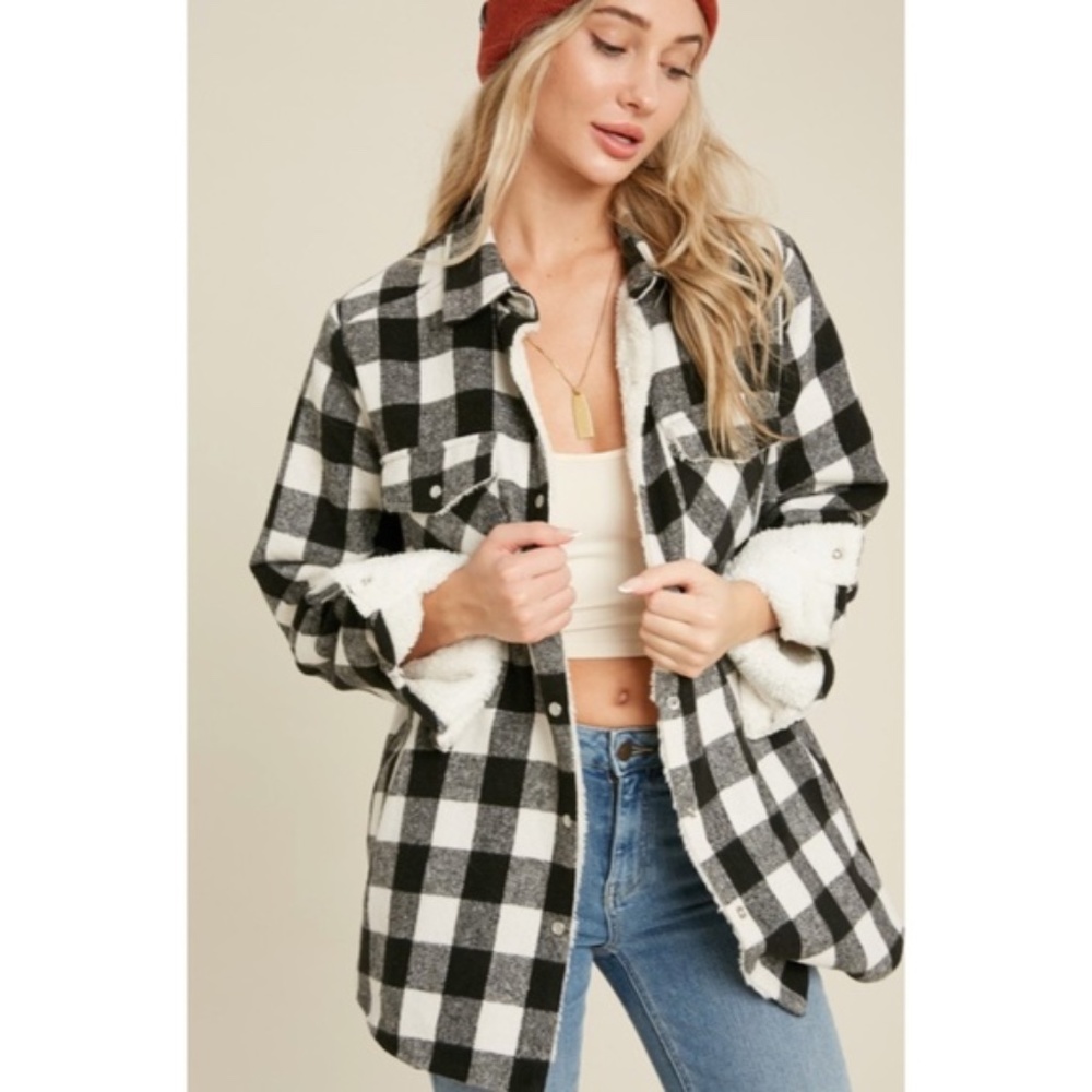 Black Buffalo Plaid Sherpa Lined Shacket Shirt Jacket - Picture 3 of 6